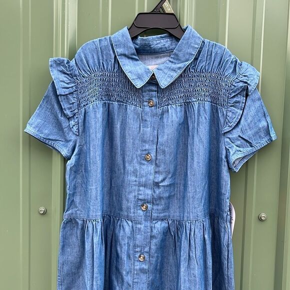 Girls Denim Ruffle Shirt Dress with Short Sleeves, Size XL - Picture 3 of 6